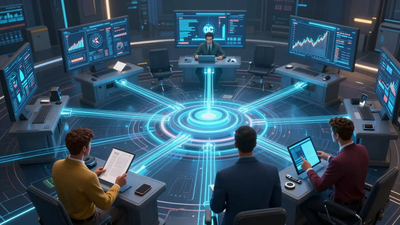 Three specialized AI agents coordinating tasks in a complex orchestration hub.