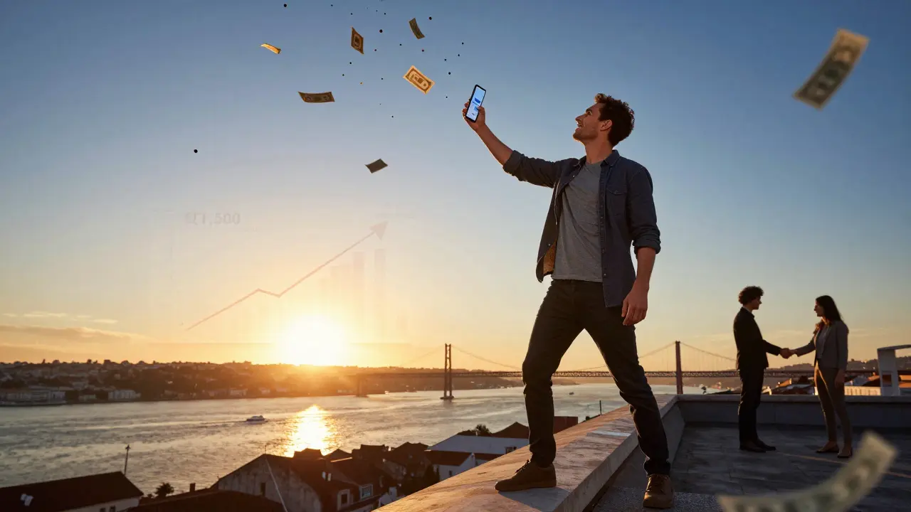 Triumphant entrepreneur celebrating SaaS validation success on rooftop