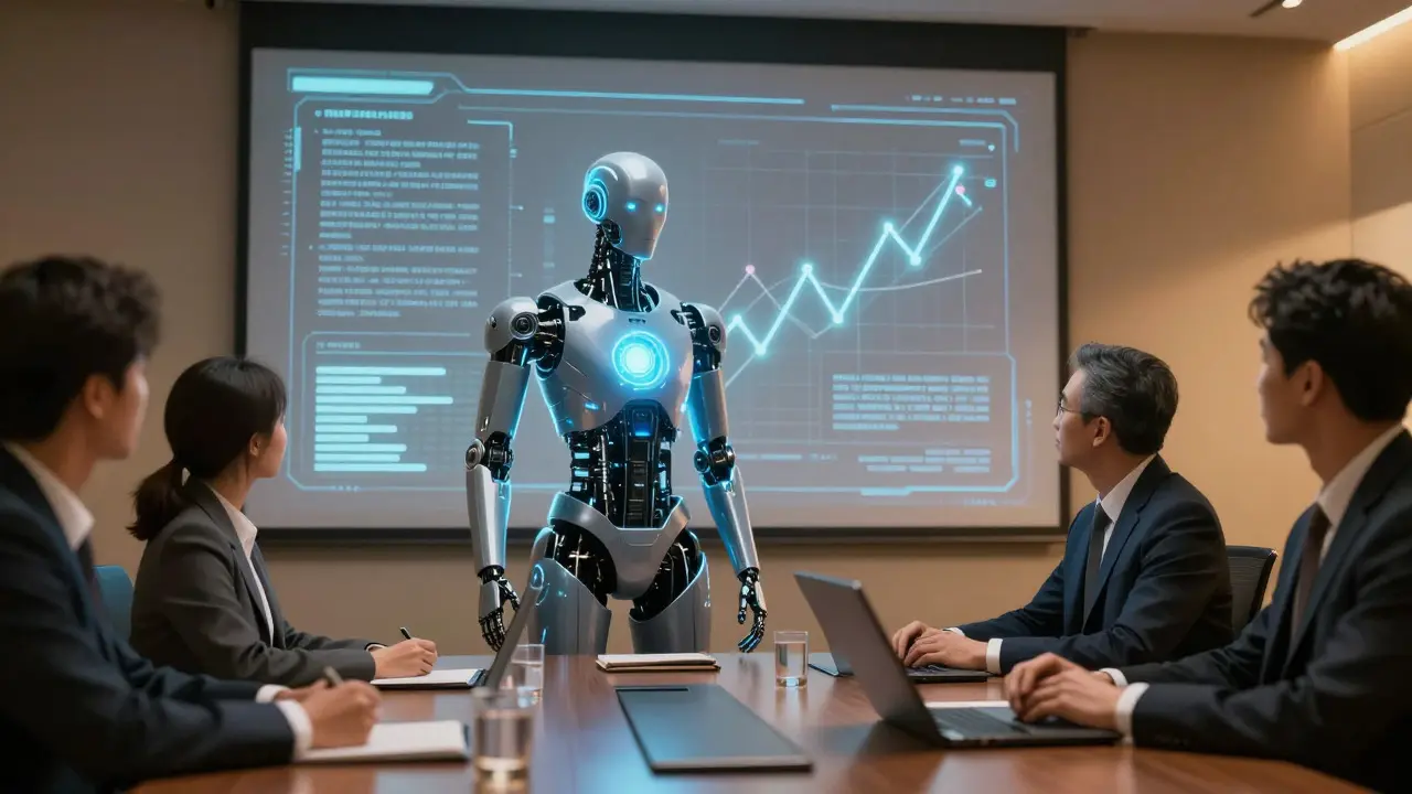 AI agent presenting data narratives to executives in a futuristic boardroom