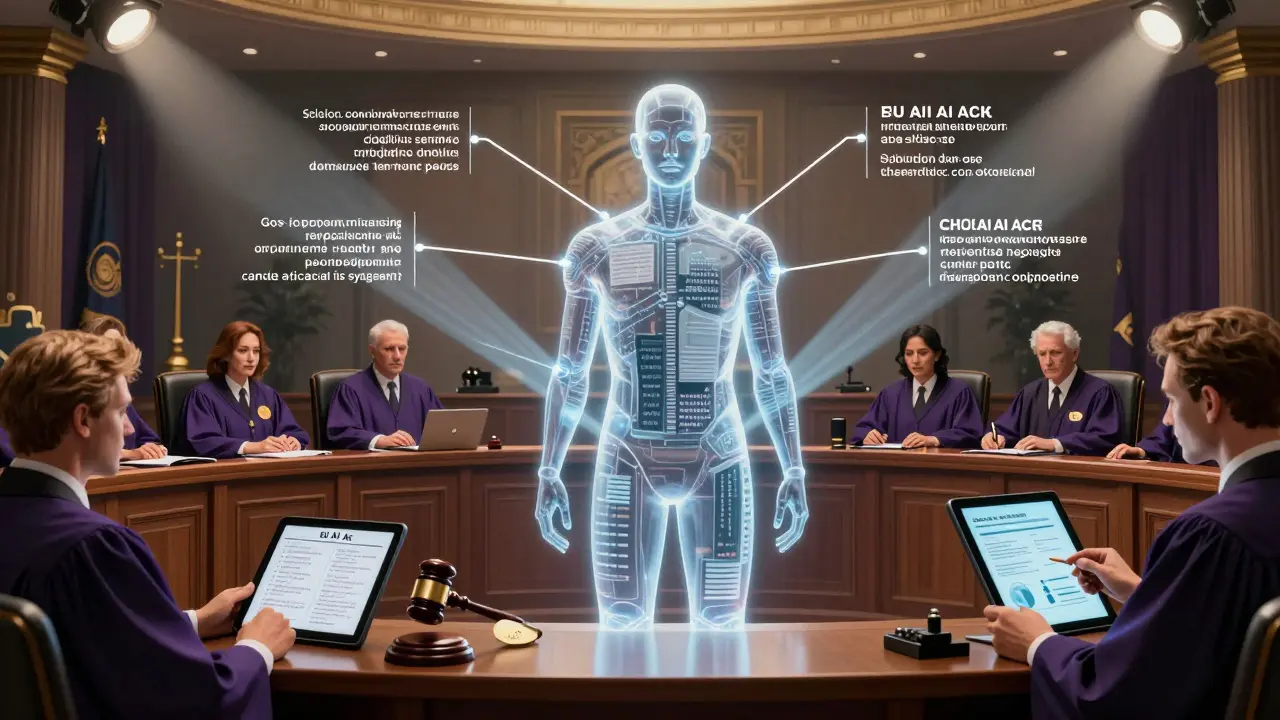 AI avatar presenting citations to judges in a DC comic courtroom