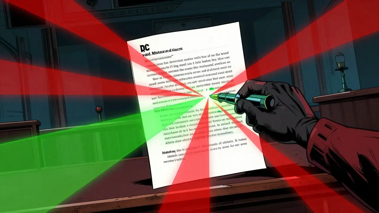 AI scanning legal document highlighting risks in red and green
