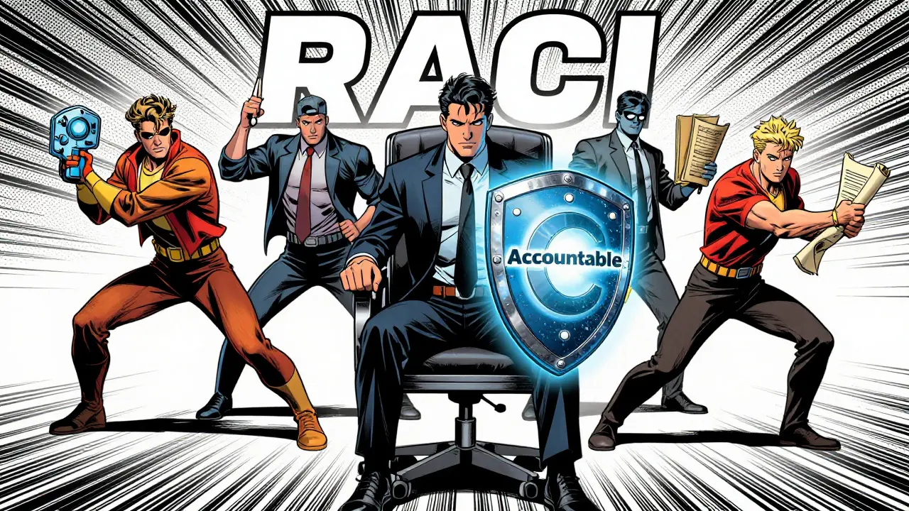 C-Suite leader shielding the team, illustrating clear RACI roles in comic art