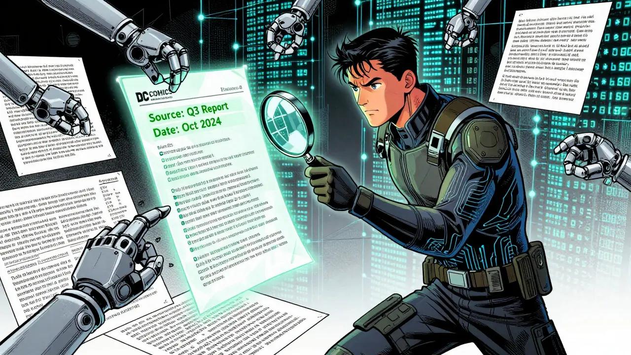Cyber detective inspecting document chunks and metadata in DC comic art