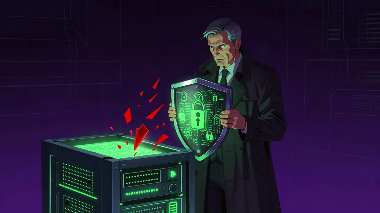 Cybersecurity guardian protecting code infrastructure in DC comics style