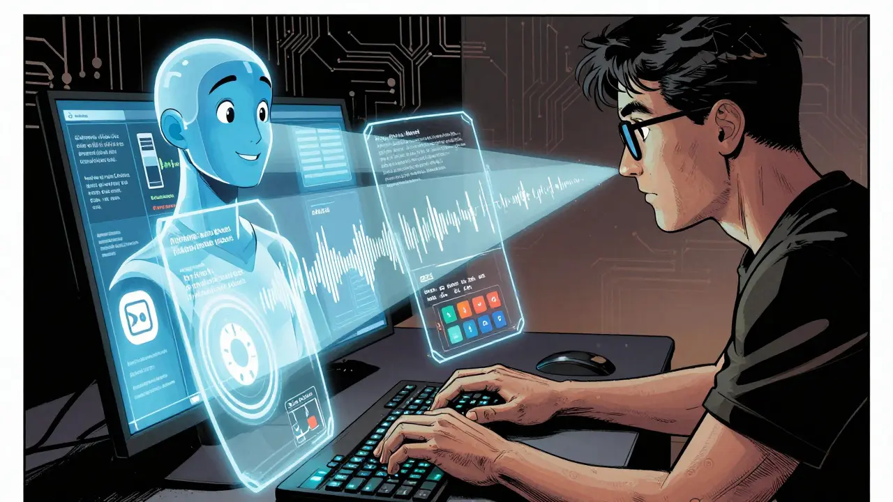 Developer and AI collaboratively creating accessible interfaces with glowing UI elements