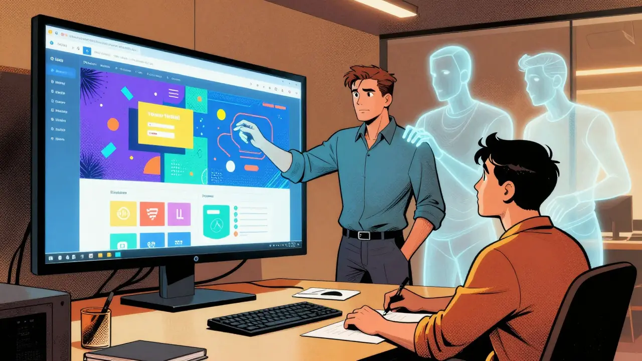 Developer and client reviewing an AI-assisted website design in DC comic art