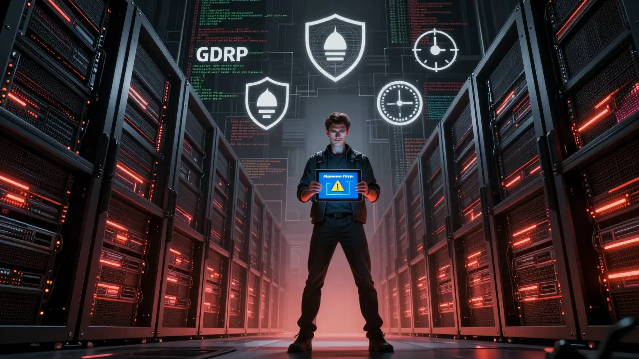 Developer facing massive server racks and code walls, symbolizing implementation challenges.