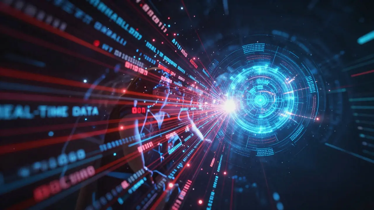 Digital data streams converging into an AI analysis orb