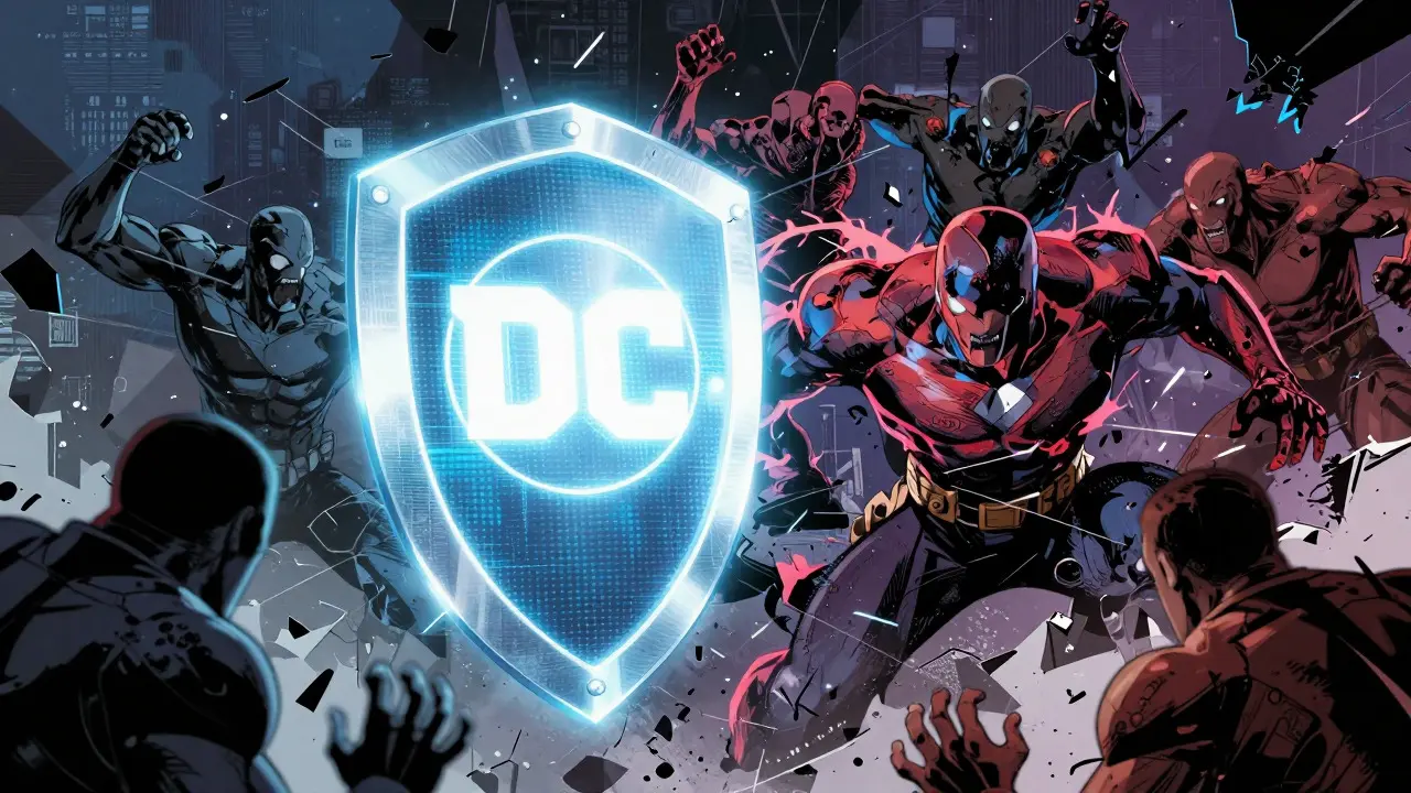 Digital shield resisting glitchy attack waves in comic style