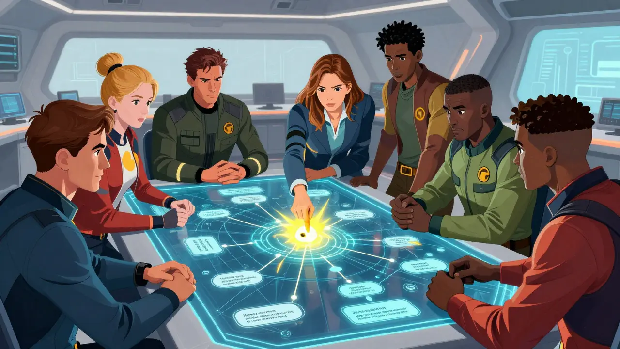 Diverse team analyzing AI conversation flows for hidden risks