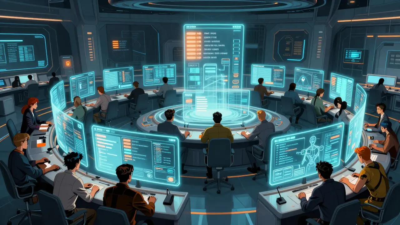 Futuristic control room showing federated AI governance workflow in action