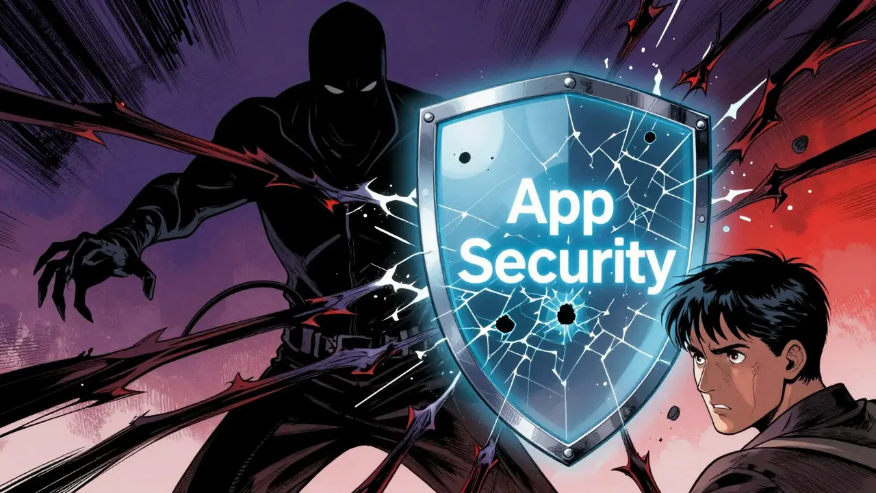 Hacker attacking a cracked security shield representing app vulnerabilities
