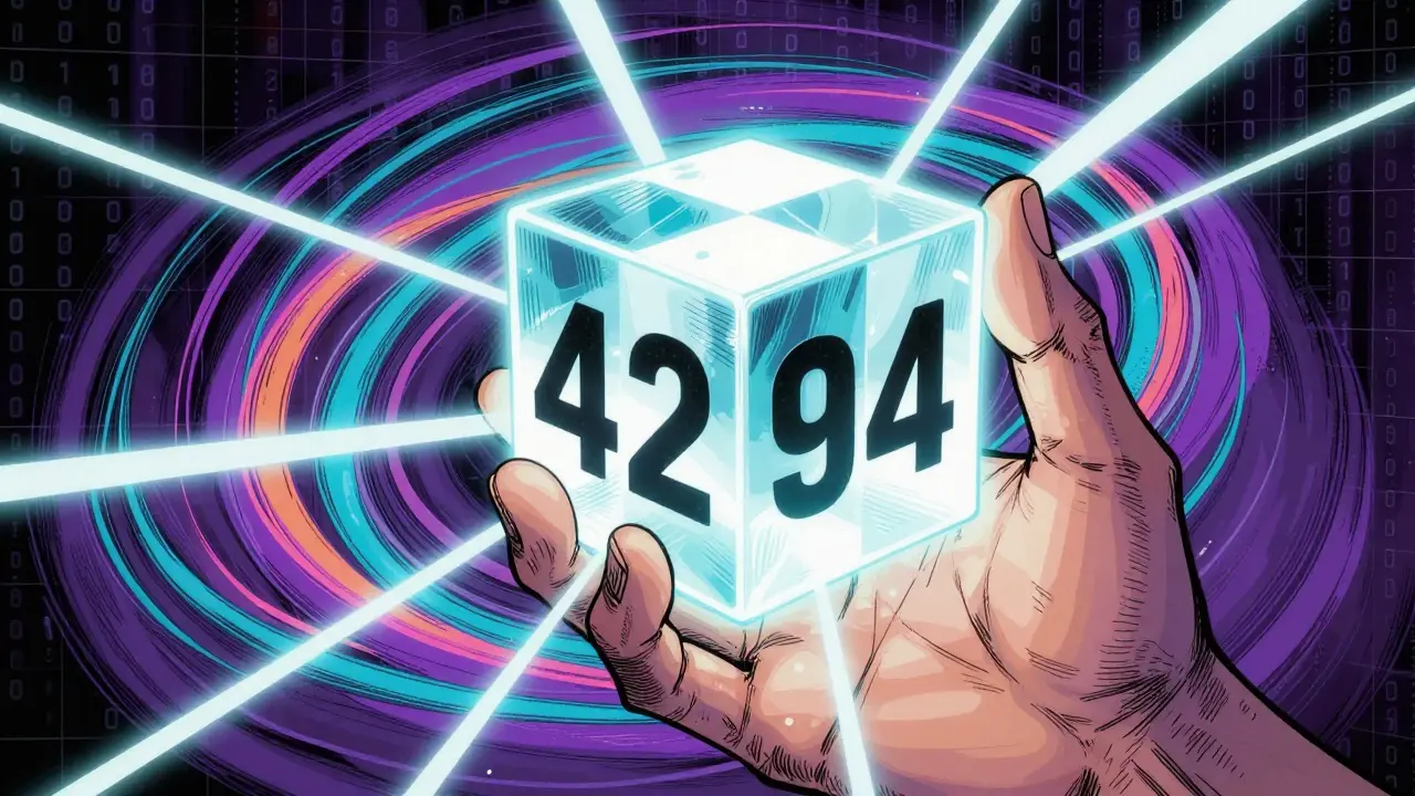 Hand holding glowing cube stabilizing chaotic energy swirls