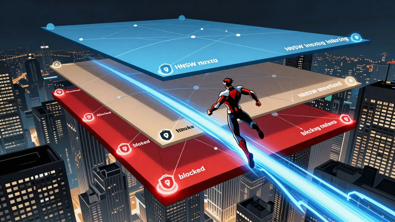 Hero navigating a layered graph structure with security filters, DC comic style