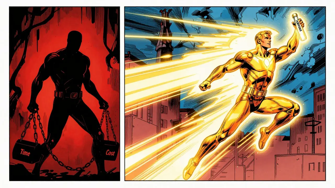 Heroic figure breaking chains of time, holding a glowing drug vial