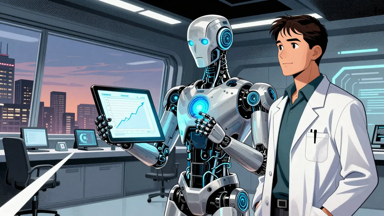 Human researcher collaborating with a sleek AI robot agent