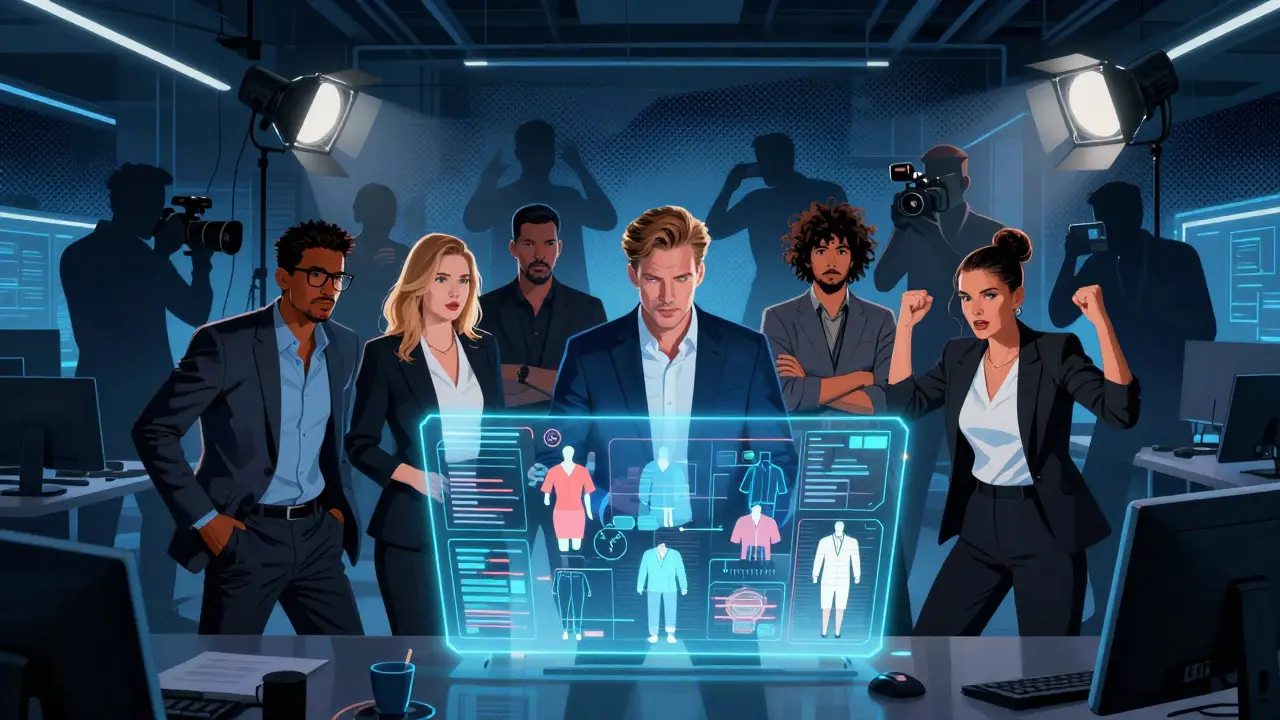 Marketing team using AI interface to generate clothing variants, replacing old studio methods