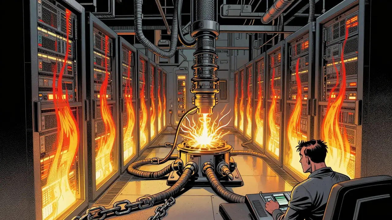 Overheated data center servers with power cables in comic art