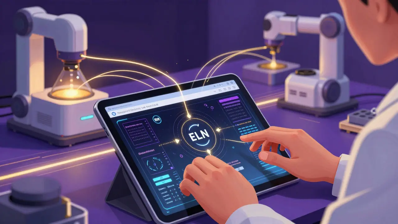 Scientist using tablet connected to automated lab robots