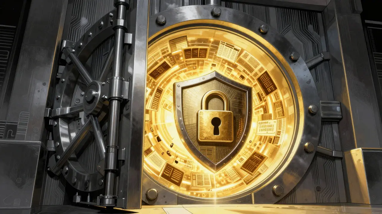Secure vault with glowing data representing legal knowledge base