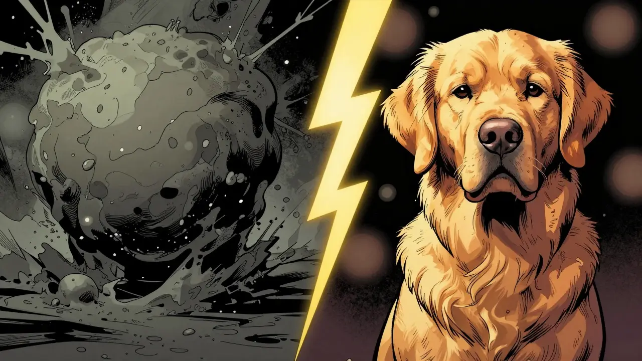 Split screen comparing messy vs sharp AI generated dog images