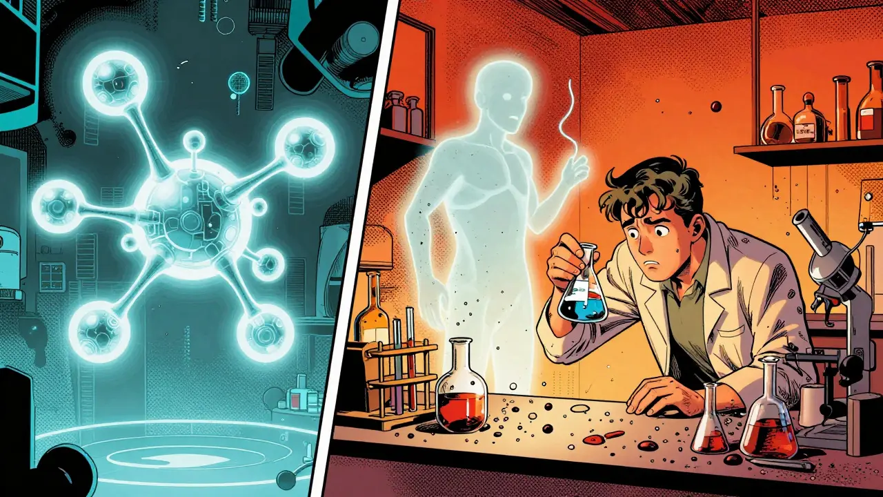 Split view of digital molecule success vs physical lab failure