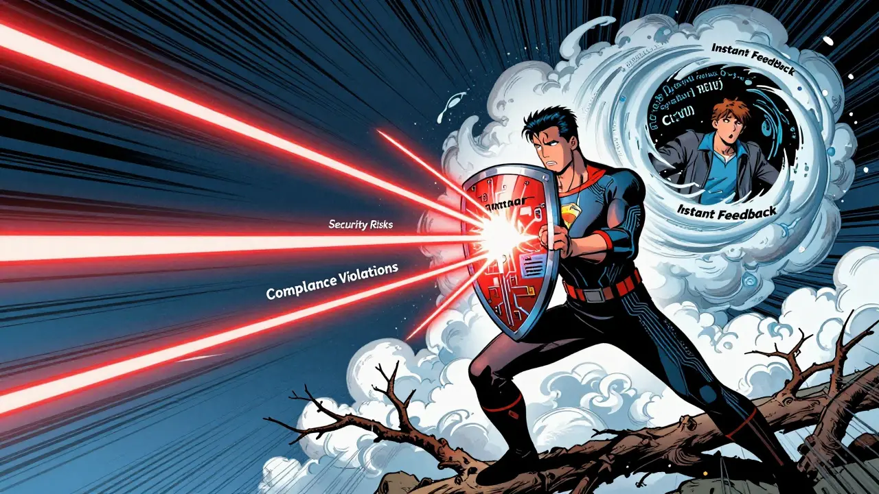 Superhero blocking security risks during code review with diff-block shield in DC comic style.