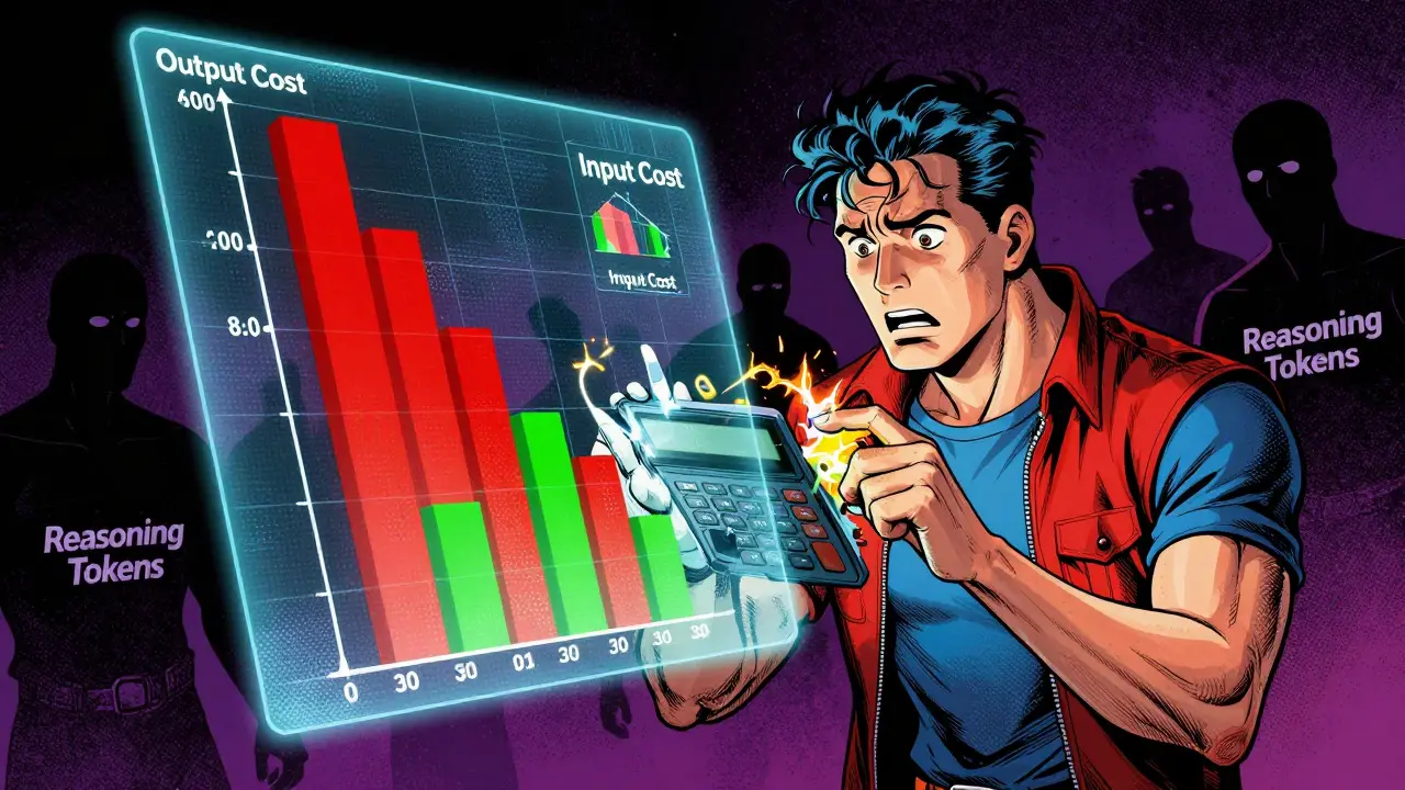 Superhero examining a holographic chart showing high output token costs compared to input