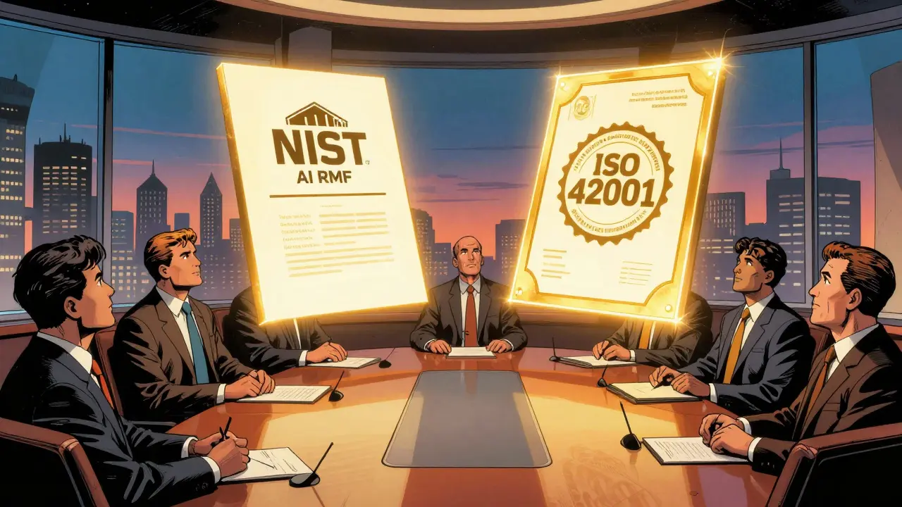 Team reviewing floating NIST and ISO certification standards in a modern office, comic style.