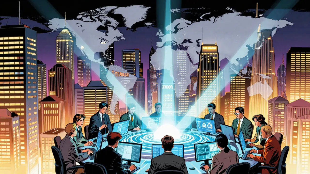 Teams working with AI core powering up glowing economic cityscape