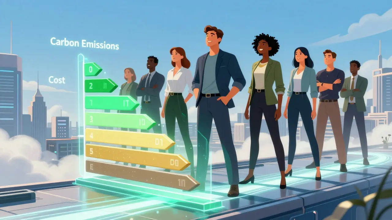 Tech team viewing holographic charts showing reduced AI costs and carbon emissions.
