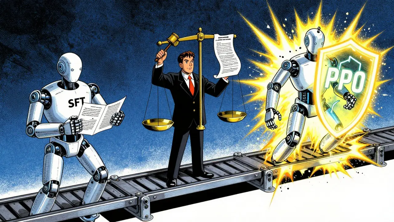 Three-stage RLHF process depicted as a mechanical assembly line