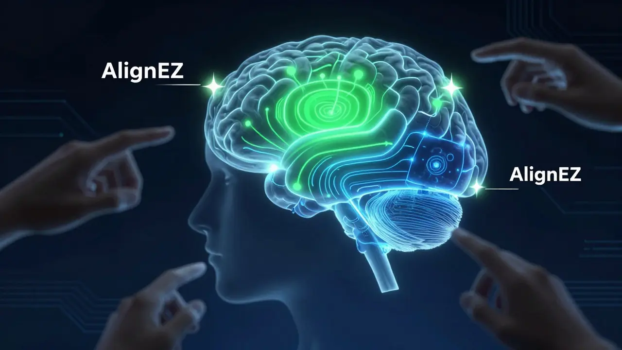 Translucent AI brain with highlighted subspaces showing AlignEZ editing.