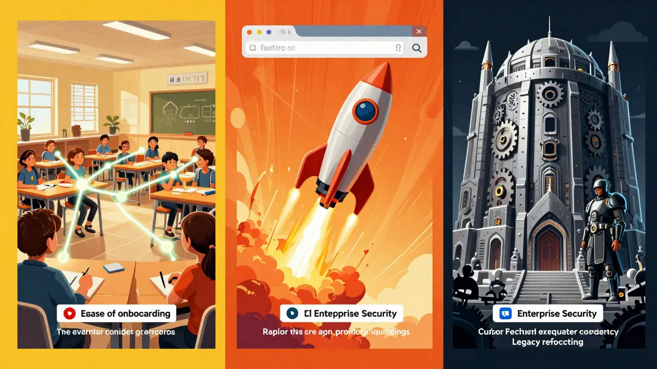 Triptych showing education, startup speed, and enterprise security in DC comic book style.