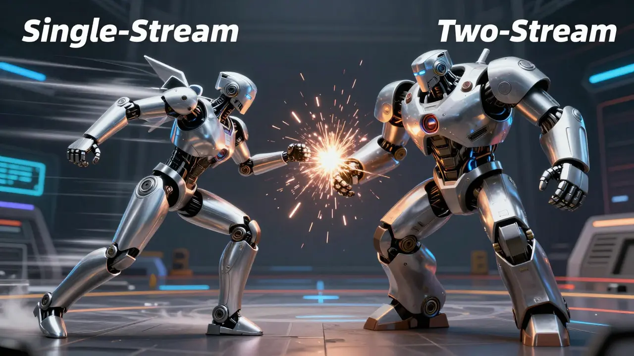Two robots battling to represent single-stream vs two-stream AI architecture trade-offs.