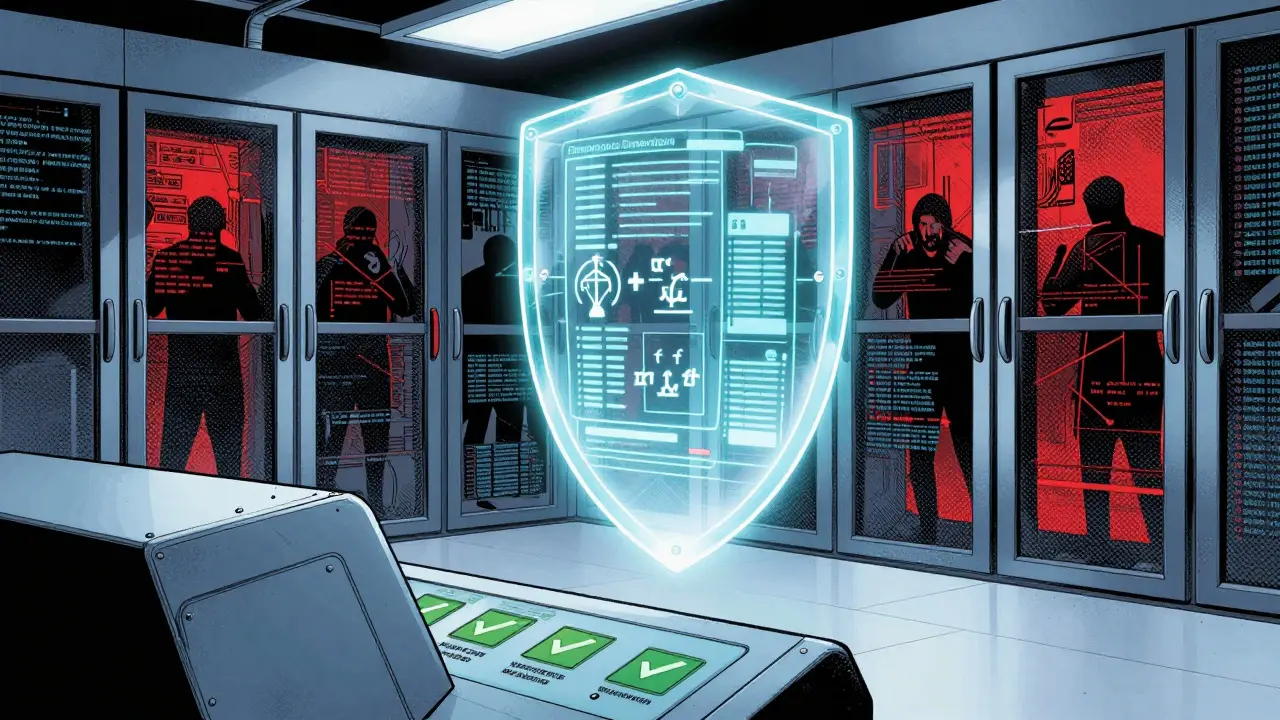 A glowing encryption shield protecting medical data from prying eyes in comic art.