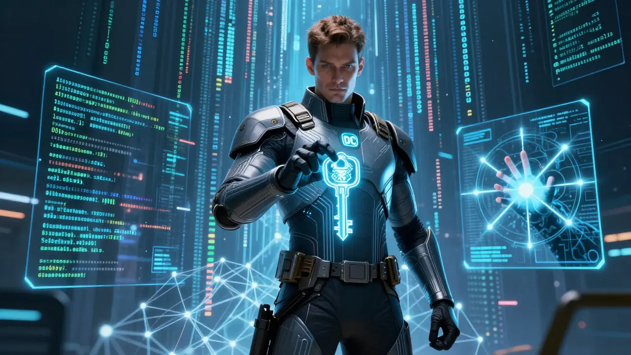 A tech guardian defending integrated AI and blockchain systems from hackers.