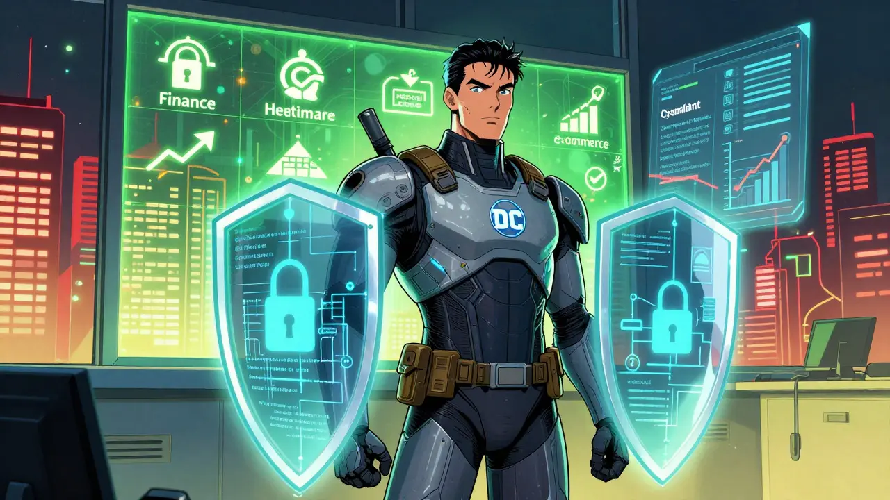 Armored AI agent with security shields overlooking a city of adopted industries