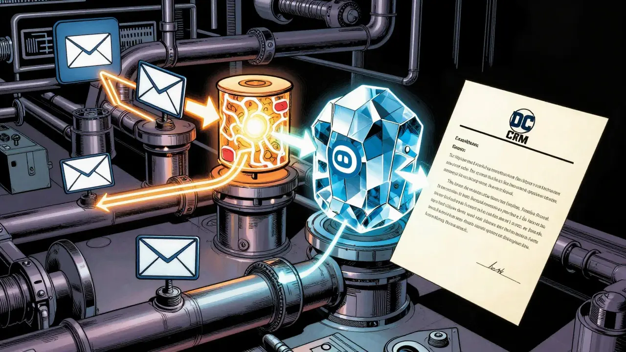 Close-up of a glowing technological pipeline processing data through multiple stages