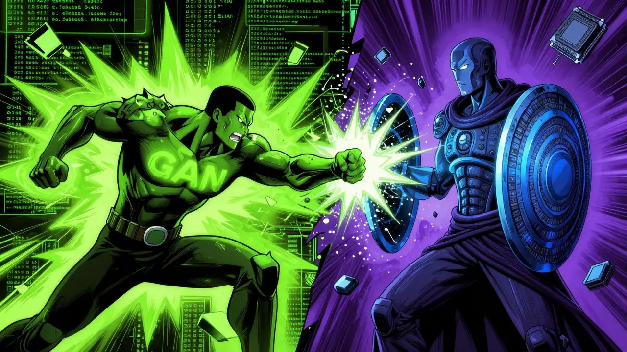 Comic battle scene depicting GAN's speed against Diffusion's iterative stability.