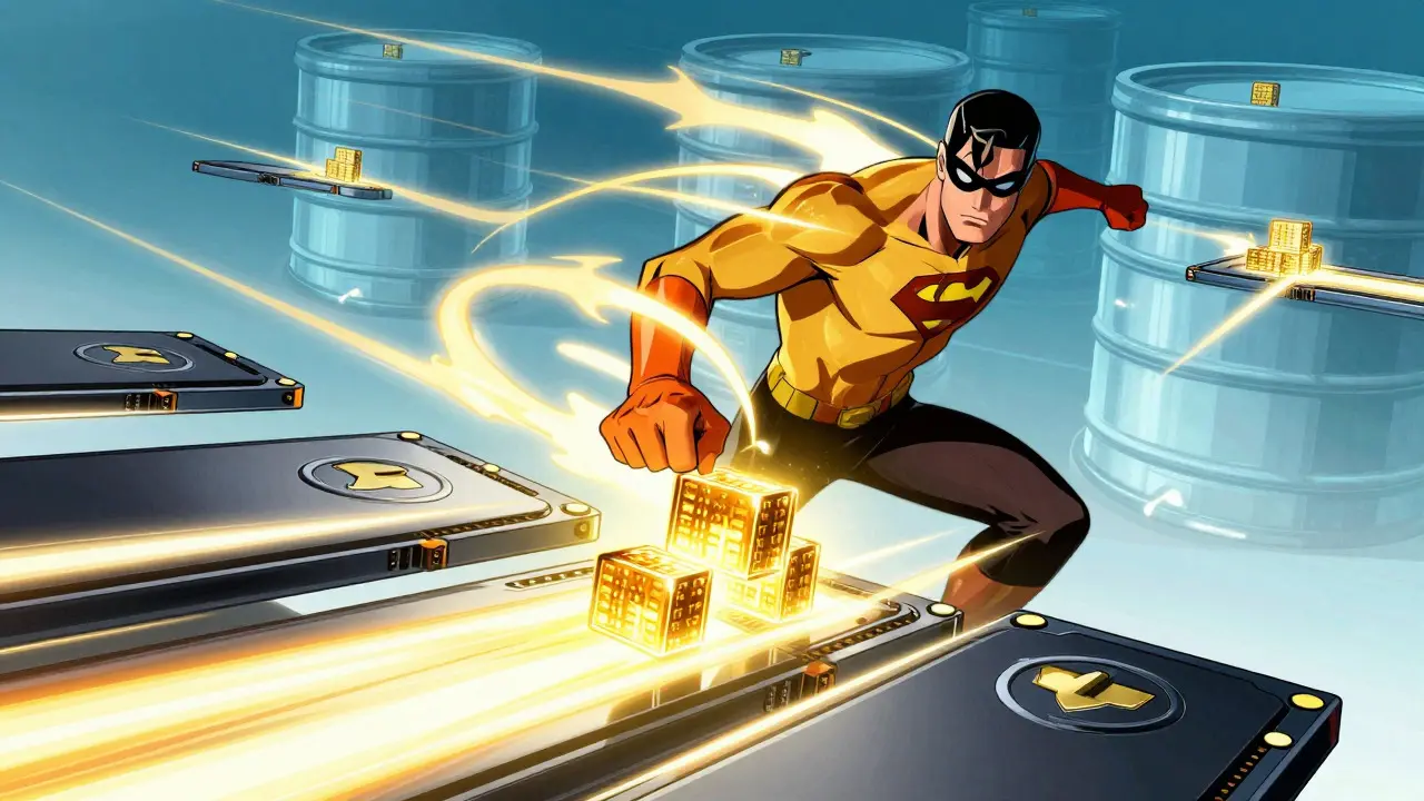 DC comic style art showing data being written to local SSDs with cloud backup
