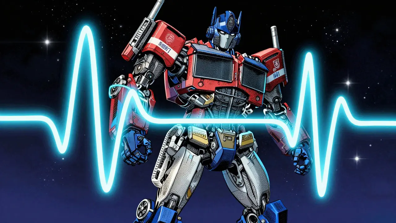 DC style hero holding glowing sine waves representing sinusoidal encoding