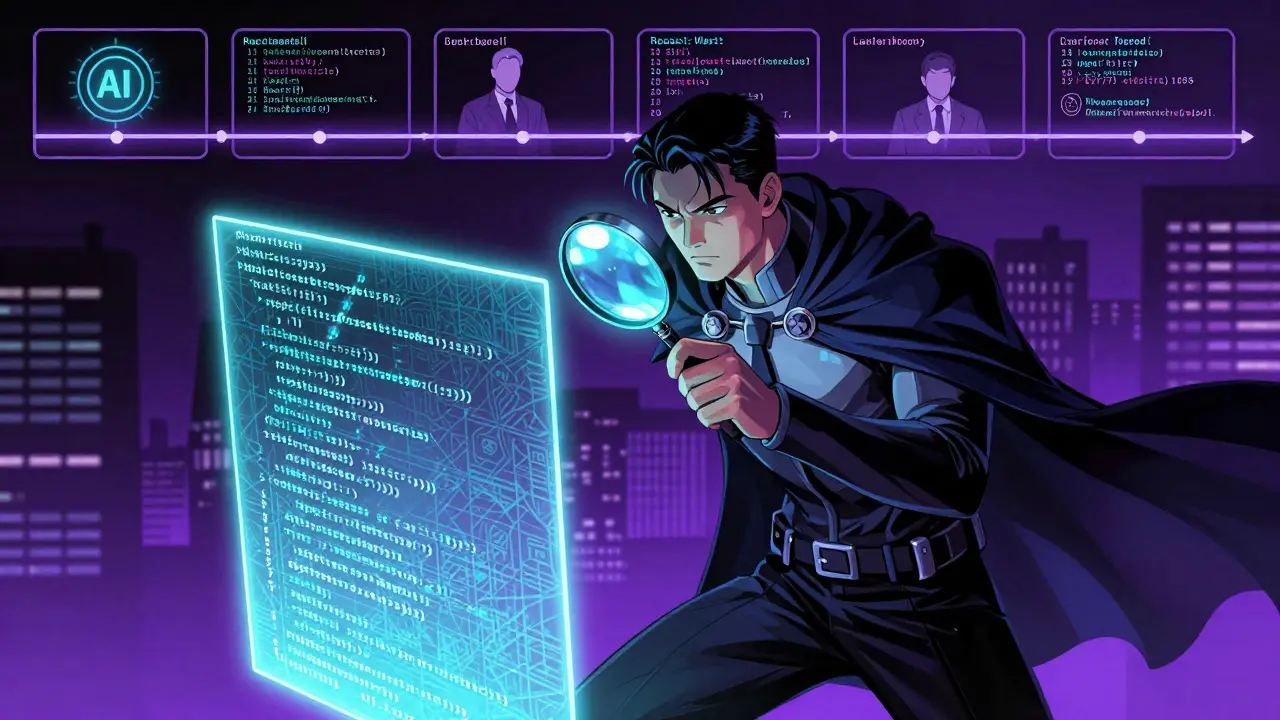 Detective inspecting watermarked code blocks with provenance trail in comic art