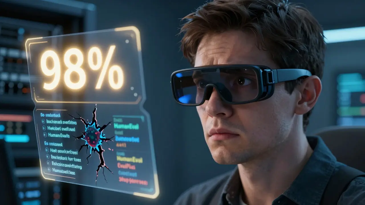 Developer analyzing hidden bugs in code scores