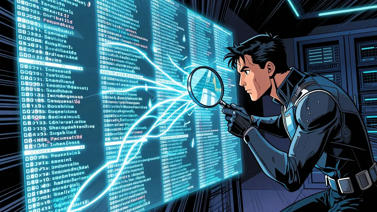 Digital detective analyzing structured JSON logs on a glowing wall