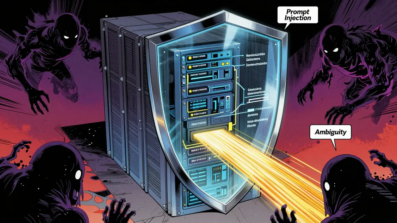 Digital shield blocking glitchy monsters, symbolizing secure AI systems protected by strict prompt hygiene rules.