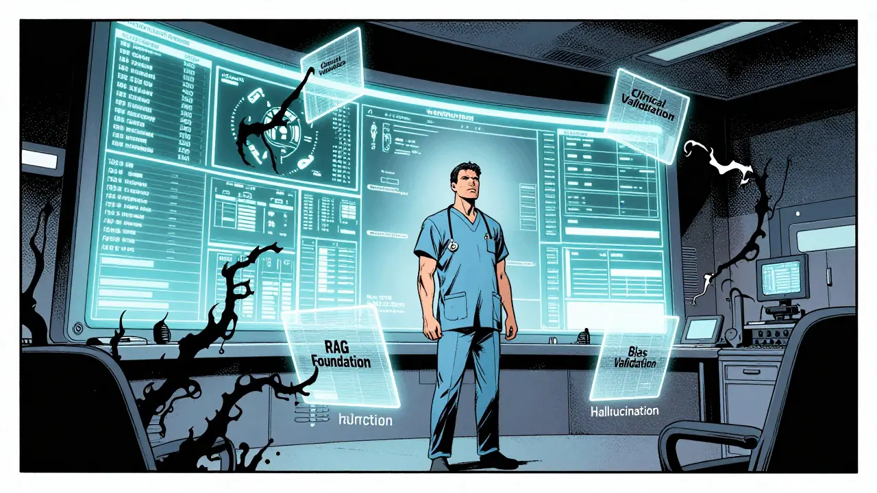 Doctor managing holographic medical AI data while protected from algorithmic errors