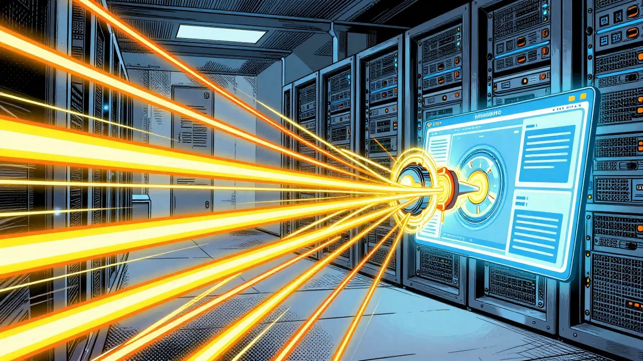 Dynamic comic art showing data streaming rapidly from an AI core to a user