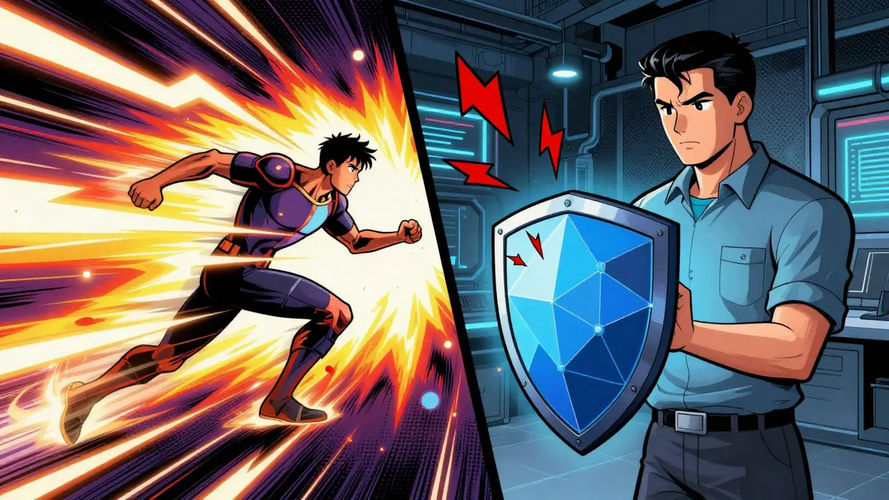 Engineer filtering code errors with a shield in comic book art