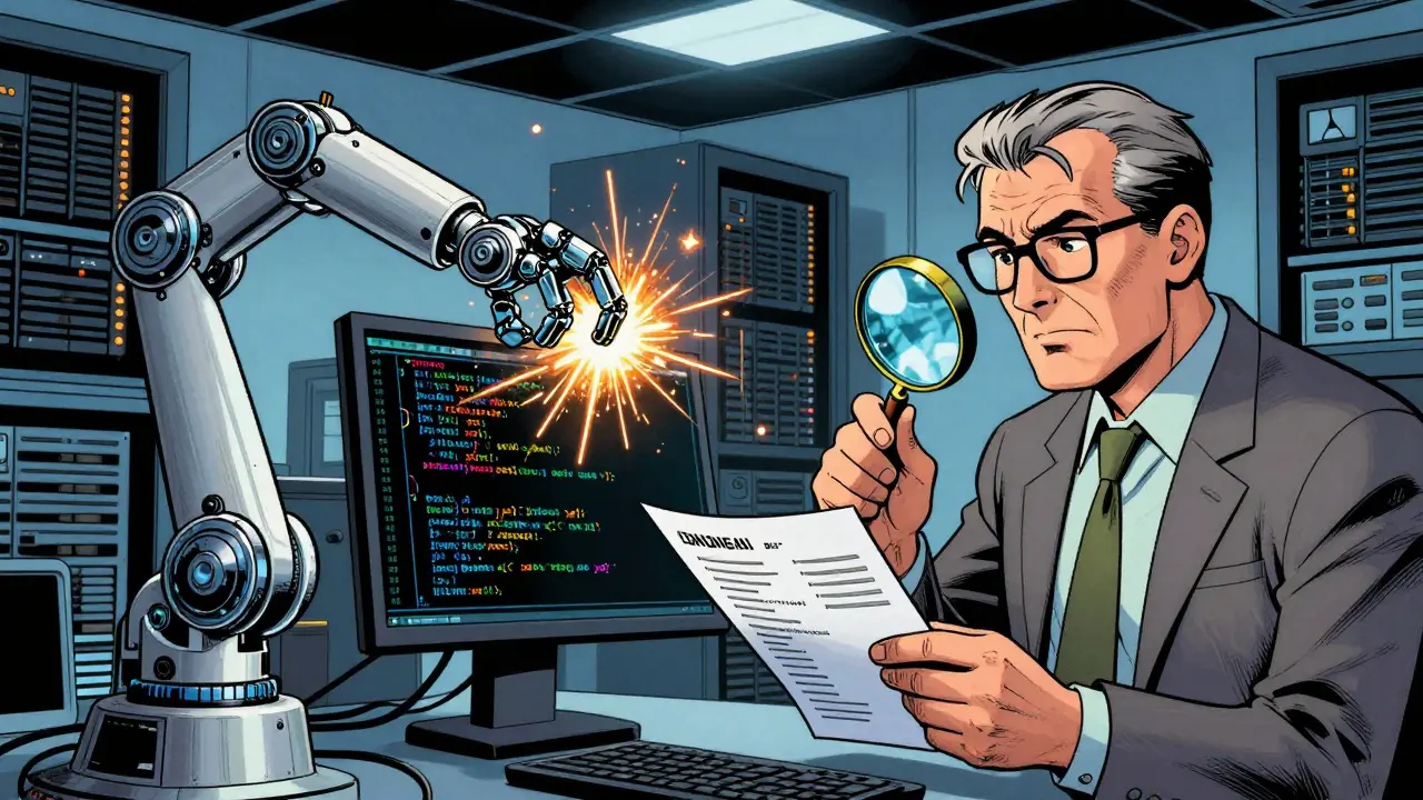 Engineer reviewing AI-generated code with a magnifying glass